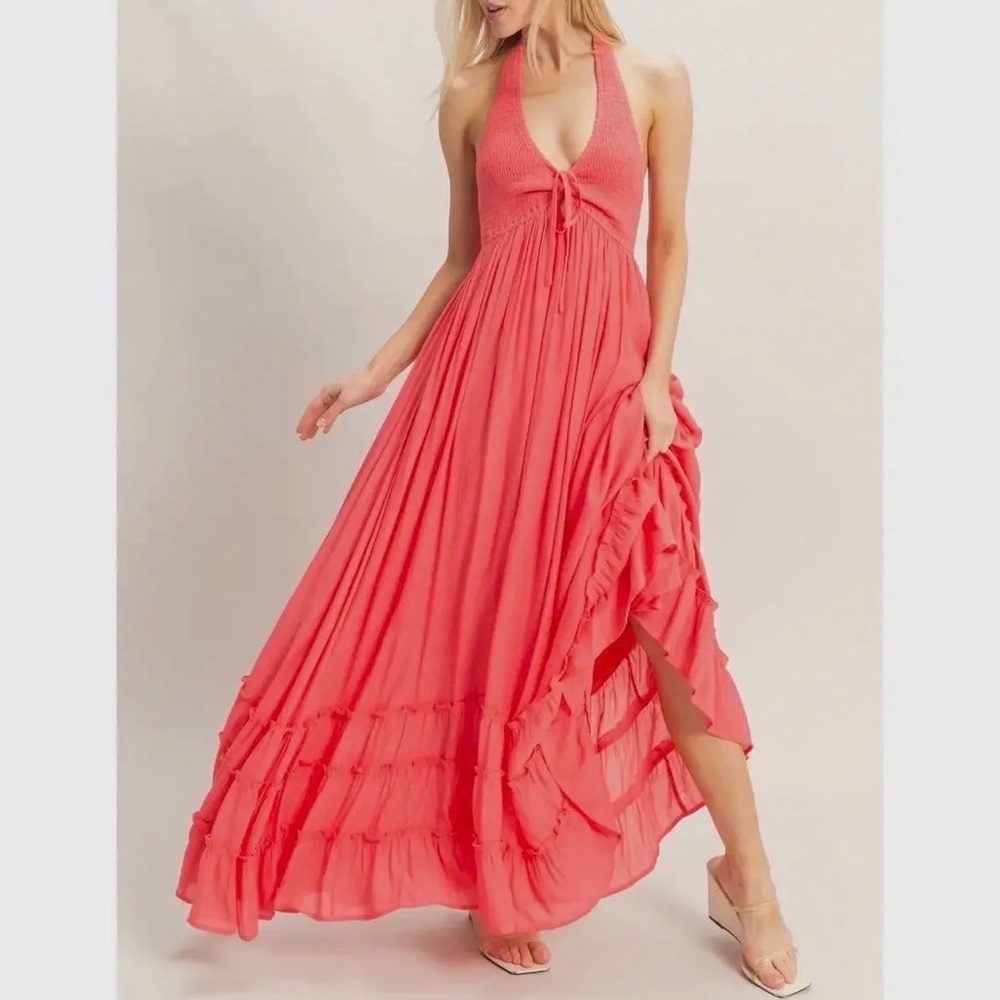 Women’s Coral Halter Maxi Dress with Tie Front